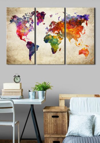 Artgeist - Verdenskort med vandfarve look trykt p lrred, 3-delt - Flere strrelser