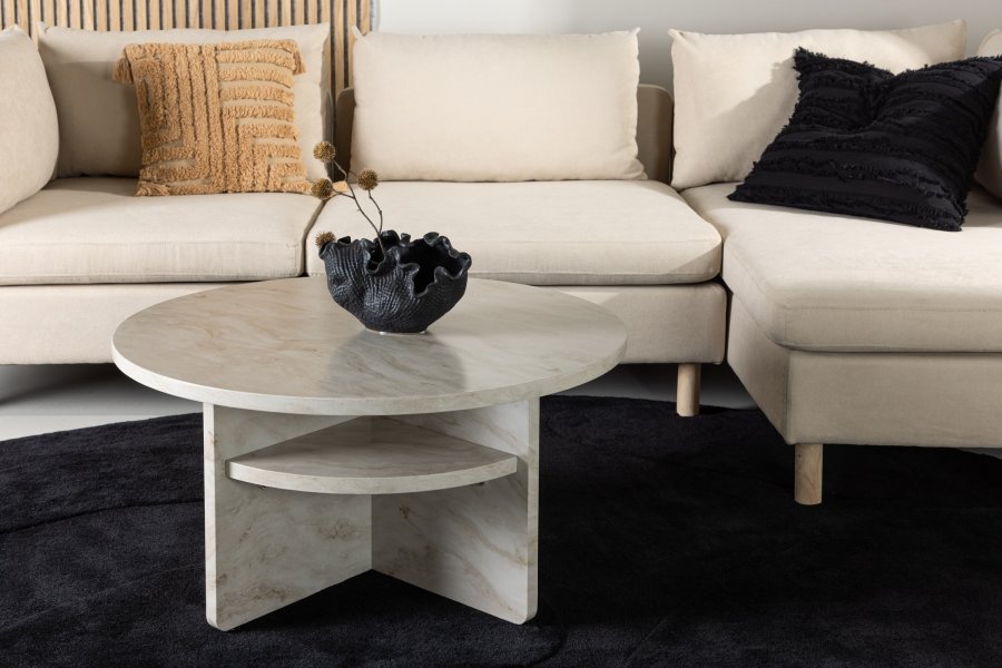 VENTURE DESIGN lesund sofabord, m. hylde, rund - beige marmor look MDF (85)