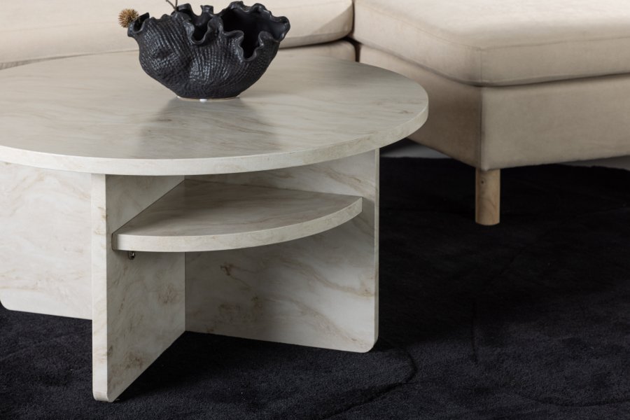 VENTURE DESIGN lesund sofabord, m. hylde, rund - beige marmor look MDF (85)
