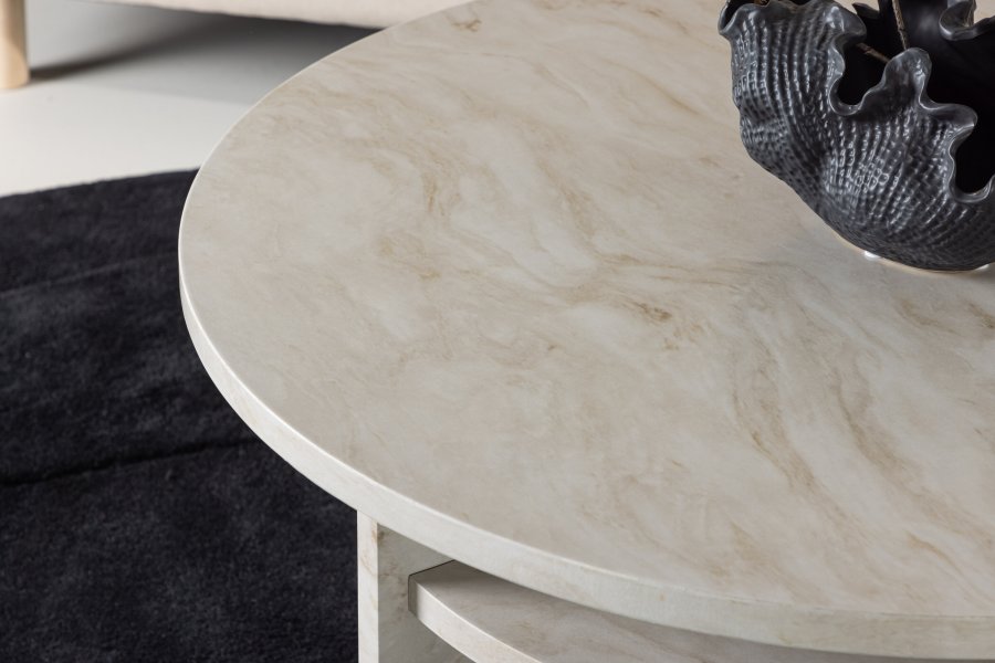 VENTURE DESIGN lesund sofabord, m. hylde, rund - beige marmor look MDF (85)