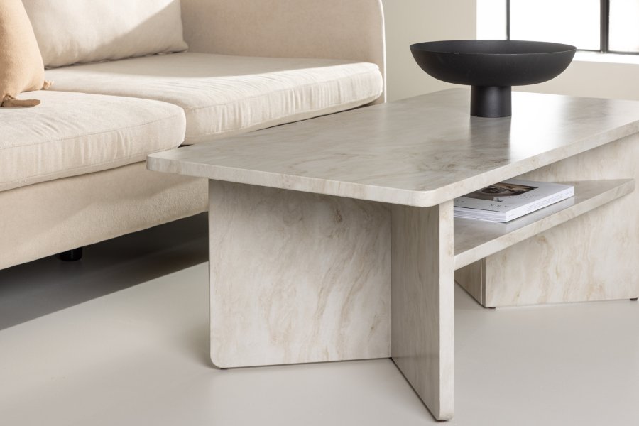 VENTURE DESIGN lesund sofabord, m. hylde, rektangulr - beige marmor look MDF (120x60)