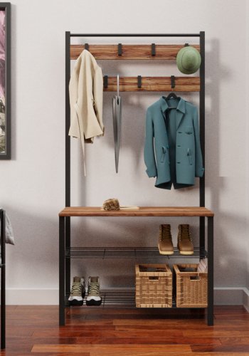 NORDVÄRK GGMBVSTYR001 entrést, m. 7 knager, 3 hylder - natur melamin og sort metal