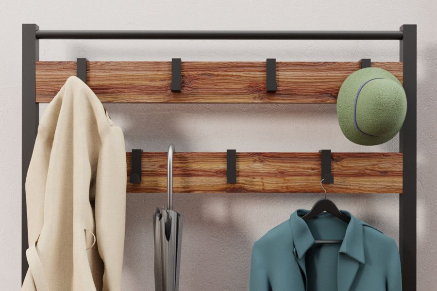 NORDVÄRK GGMBVSTYR001 entrést, m. 7 knager, 3 hylder - natur melamin og sort metal