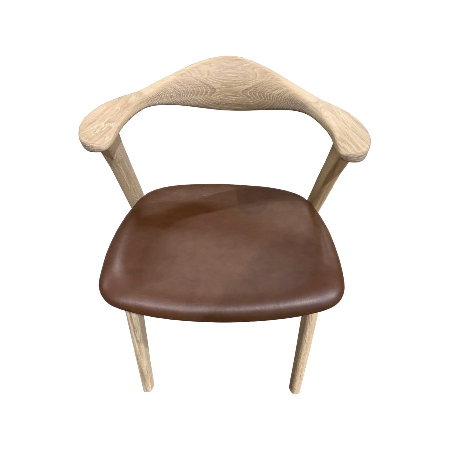 Designer spisebordsstol, m. armln - mrk brun lder og massivt hvidolieret egetr