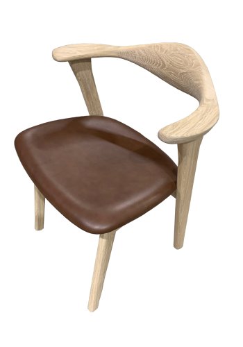 Designer spisebordsstol, m. armln - mrk brun lder og massivt hvidolieret egetr