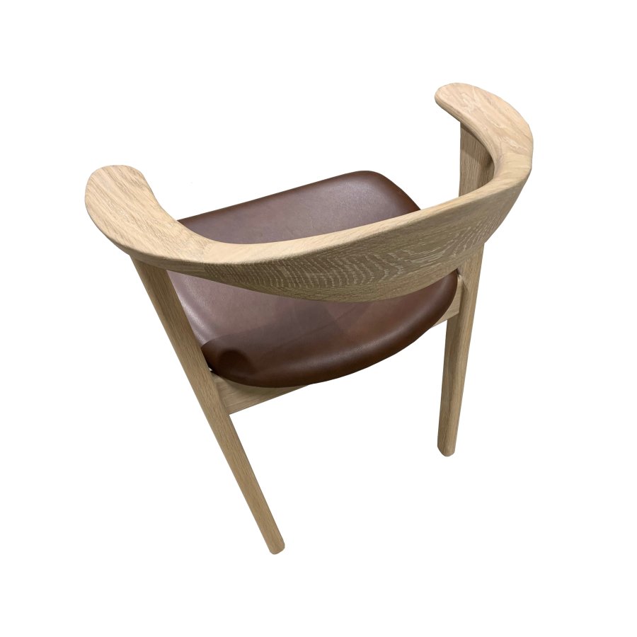 Designer spisebordsstol, m. armln - mrk brun lder og massivt hvidolieret egetr