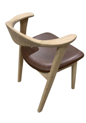Designer spisebordsstol, m. armln - mrk brun lder og massivt hvidolieret egetr
