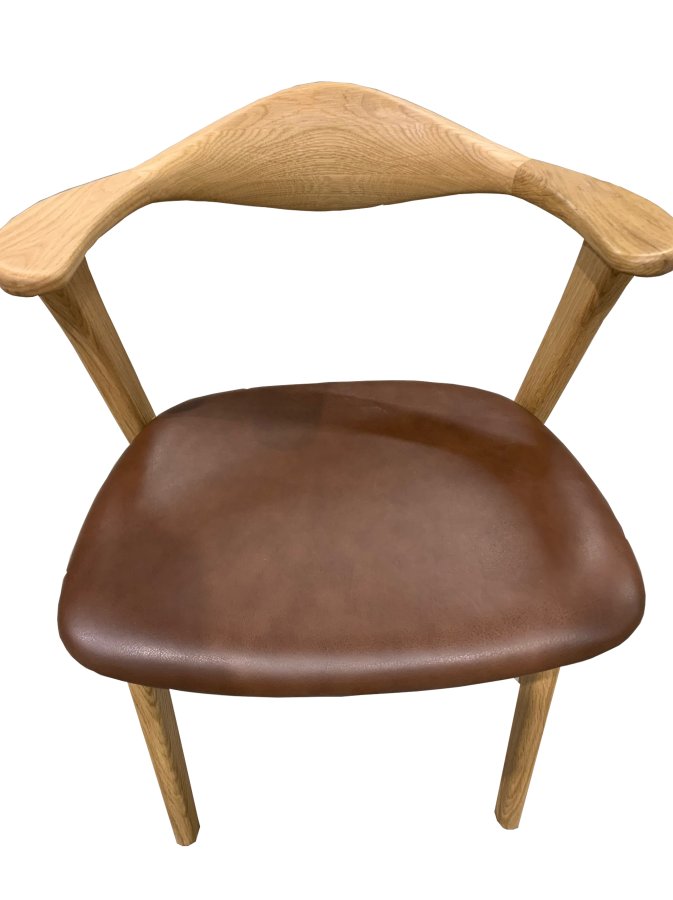 Designer spisebordsstol, m. armln - mrk brun lder og massivt naturfarvet egetr