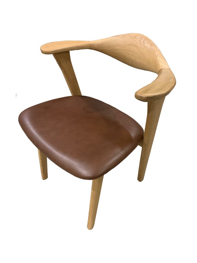 Designer spisebordsstol, m. armln - mrk brun lder og massivt naturfarvet egetr