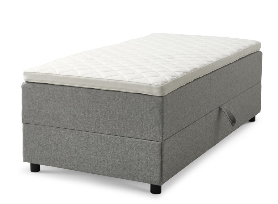 Space Dreams sengebund, m. opbevaring, u. topmadras - lysegr stof og sort tr (200x90)