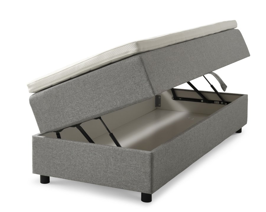 Space Dreams sengebund, m. opbevaring, u. topmadras - lysegr stof og sort tr (200x90)