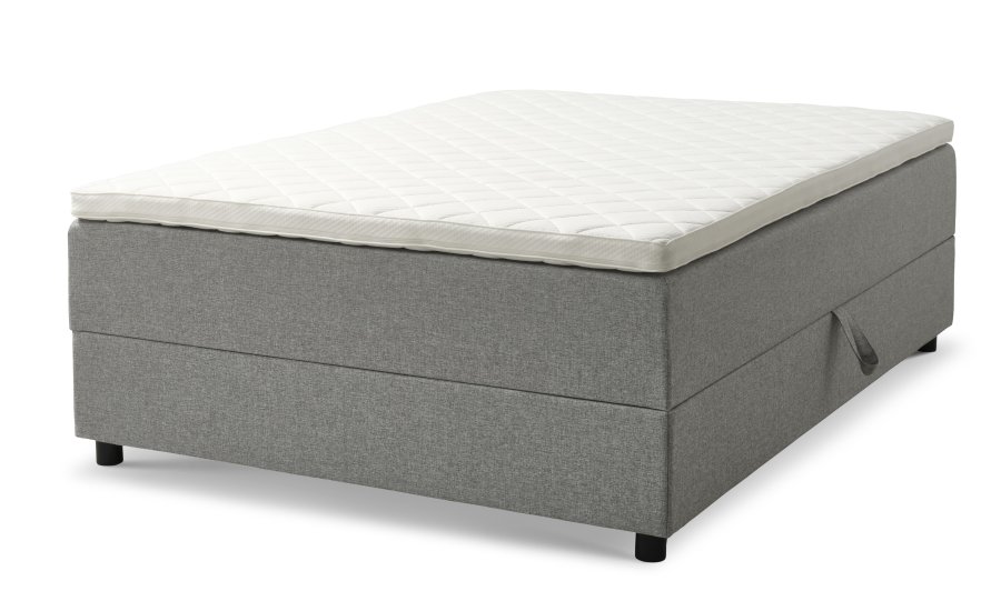 Space Dreams sengebund, m. opbevaring, u. topmadras - lysegr stof og sort tr (200x140)