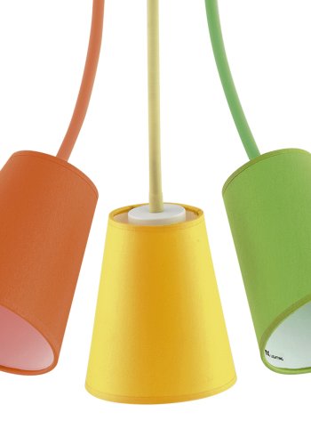 TK Trdfarve loftlampe, m. 3 skrme - multifarvet stof og hvid metal