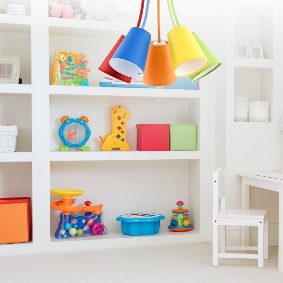 TK Trdfarve loftlampe, m. 5 skrme - multifarvet stof og hvid metal