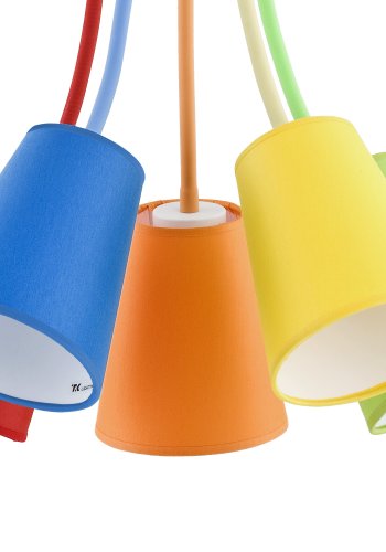 TK Trdfarve loftlampe, m. 5 skrme - multifarvet stof og hvid metal