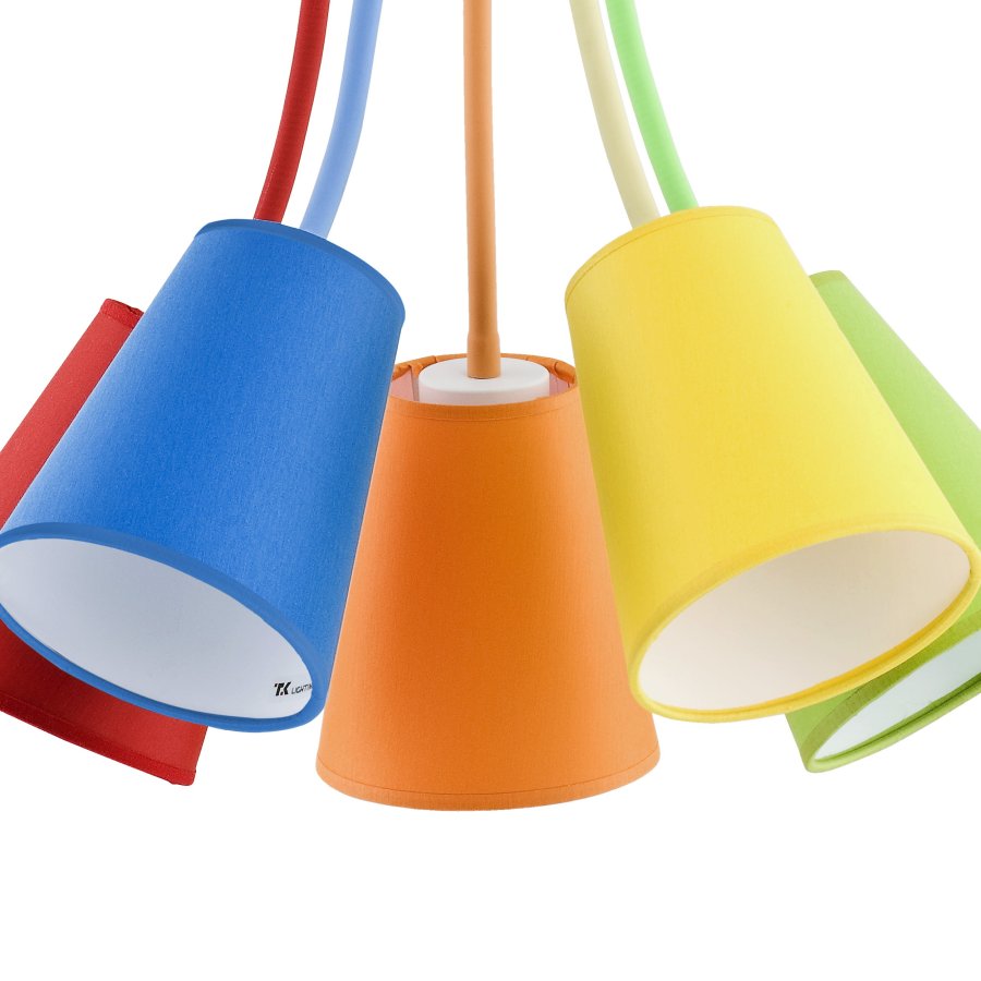 TK Trdfarve loftlampe, m. 5 skrme - multifarvet stof og hvid metal