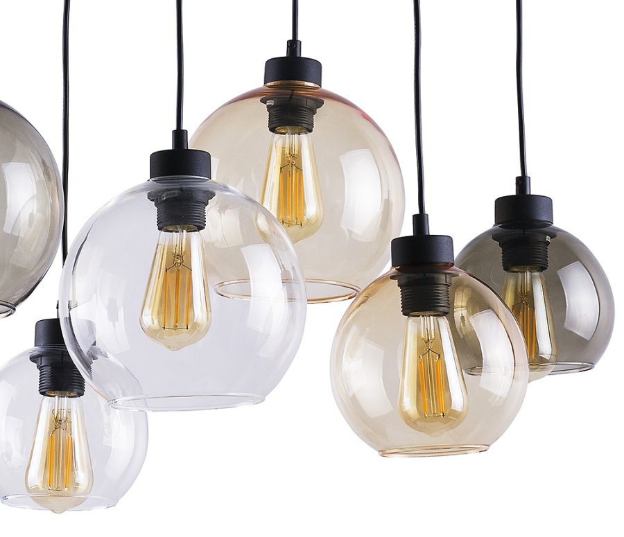 TK Cubus loftlampe, m. 6 skrme - gennemsigtig glas og sort metal