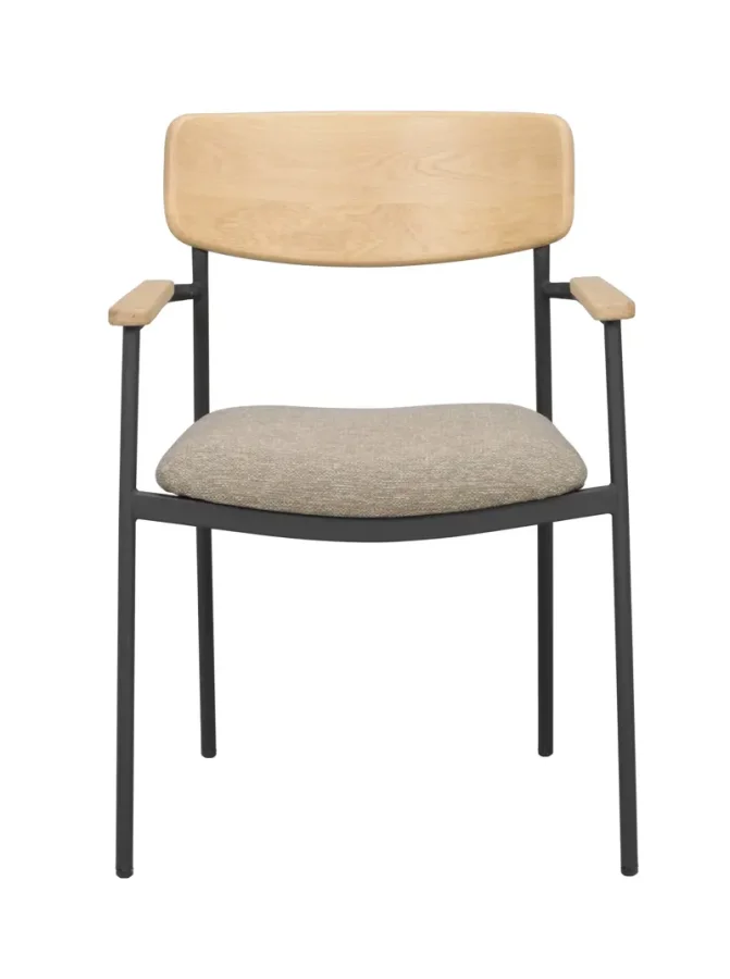 ROWICO Maymont spisebordsstol, m. armln, stabelbar - mrk beige stof, natur eg og sort metal