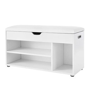 VASAGLE bnk, m. hvid hynde og 4 rum til sko - hvid spnplade (80x30)