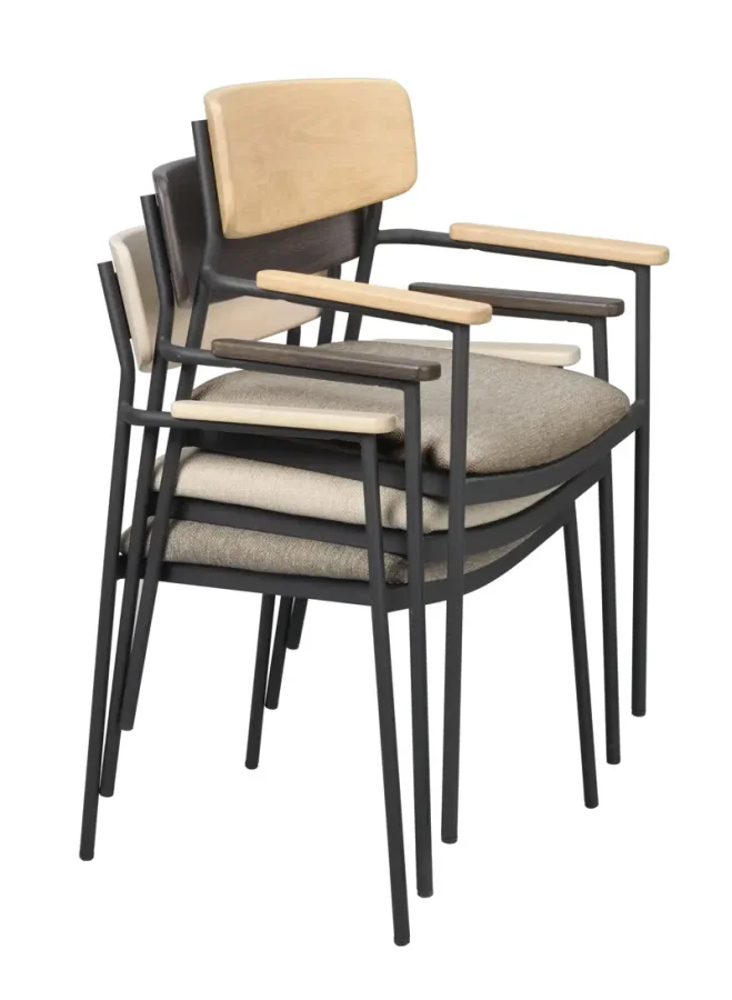 ROWICO Maymont spisebordsstol, m. armln, stabelbar - mrk beige stof, natur eg og sort metal