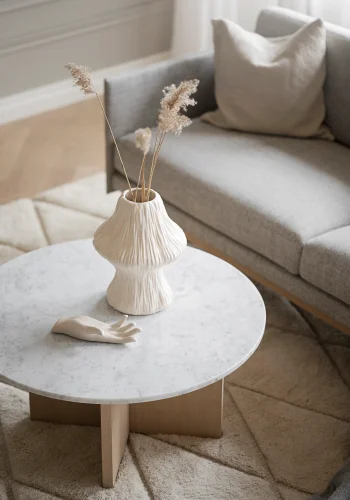 ROWICO Brooksville sofabord, rund - hvid marmor og hvidpigmenteret egefinér (90)