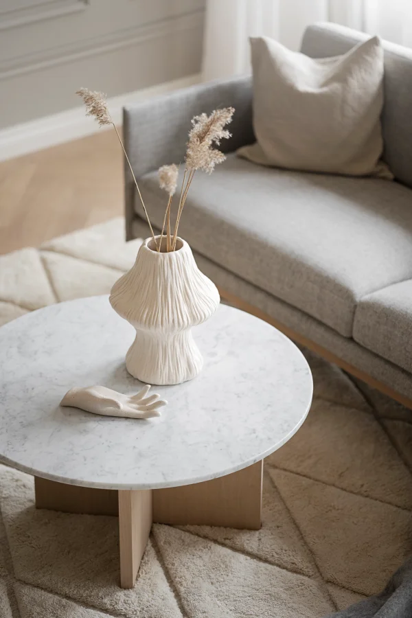 ROWICO Brooksville sofabord, rund - hvid marmor og hvidpigmenteret egefinér (90)