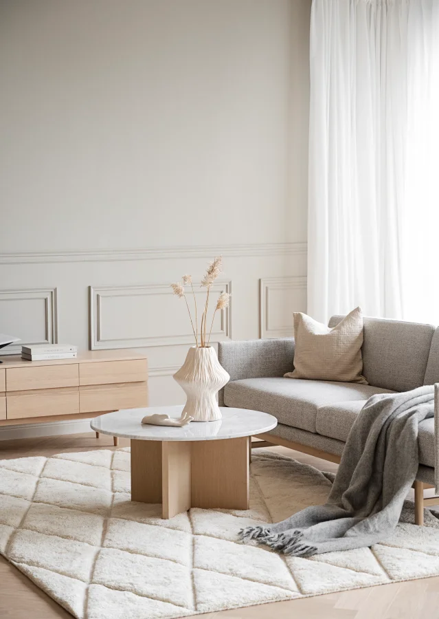 ROWICO Brooksville sofabord, rund - hvid marmor og hvidpigmenteret egefinér (90)