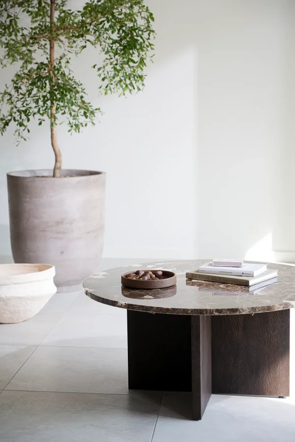 ROWICO Brooksville sofabord, rund - brun marmor og brun egefinér (90)