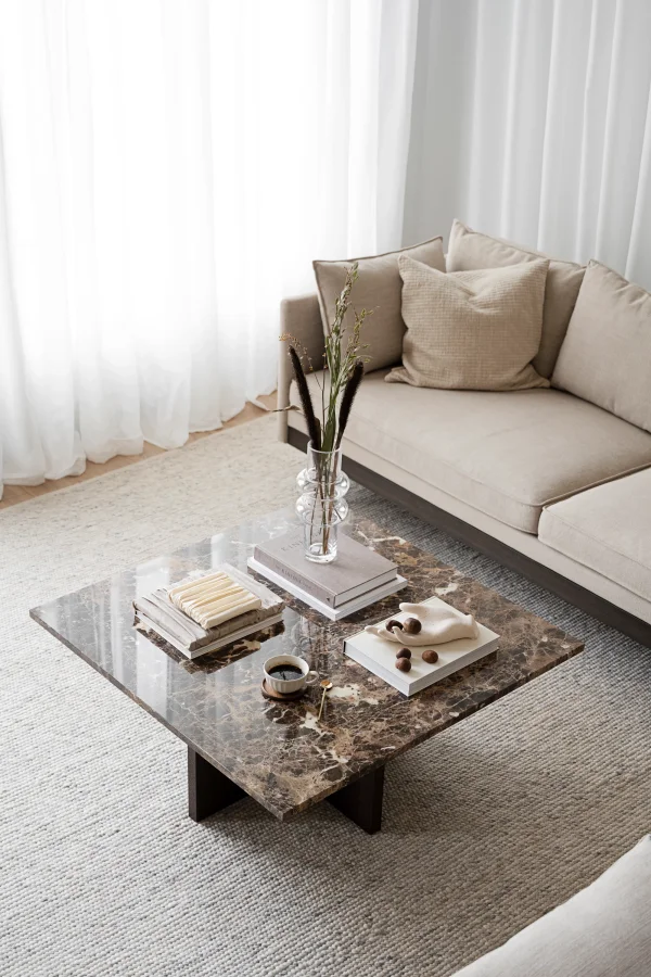 ROWICO Brooksville sofabord, kvadratisk - brun marmor og brun egefinér (90x90)