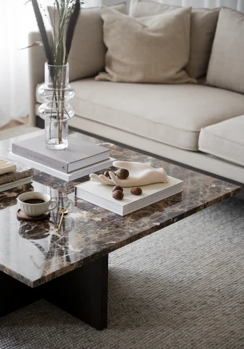 ROWICO Brooksville sofabord, kvadratisk - brun marmor og brun egefinér (90x90)