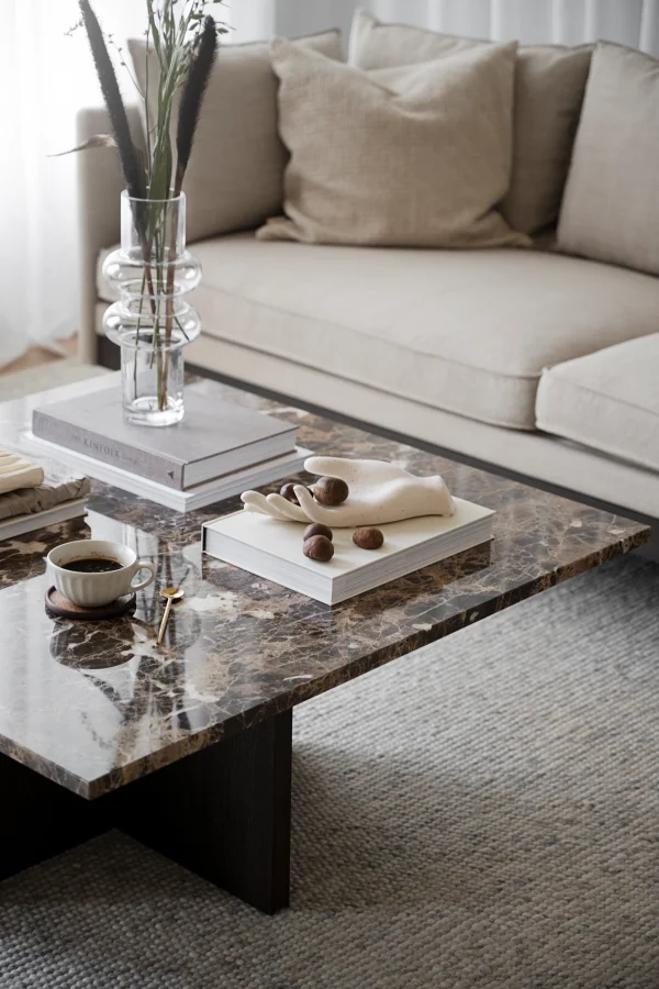 ROWICO Brooksville sofabord, kvadratisk - brun marmor og brun egefinér (90x90)