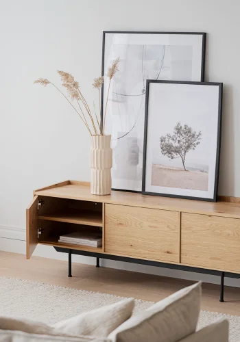 ROWICO Brewerton TV-bord, m. 3 lger og 3 hylder - natur vild egefinér og sort metal (160x40)