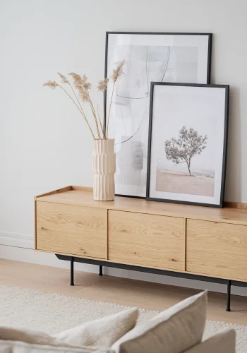 ROWICO Brewerton TV-bord, m. 3 lger og 3 hylder - natur vild egefinér og sort metal (160x40)