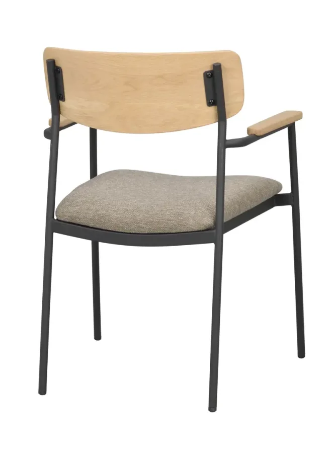 ROWICO Maymont spisebordsstol, m. armln, stabelbar - mrk beige stof, natur eg og sort metal