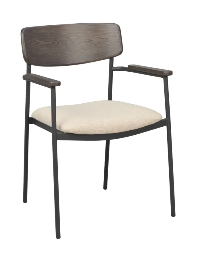 ROWICO Maymont spisebordsstol, m. armln, stabelbar - lys beige stof, brun eg og sort metal