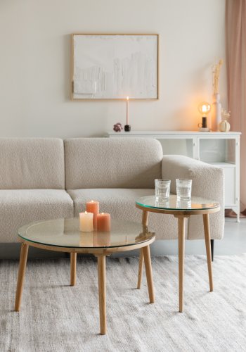 WHITE LABEL LIVING Haru sofabord, rund - glas og natur egetr (70)