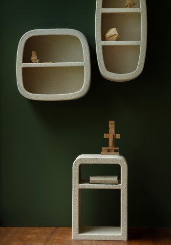 DUTCHBONE Veda sengebord, m. 1 hylde - beige genbrugt marmor (60x40)