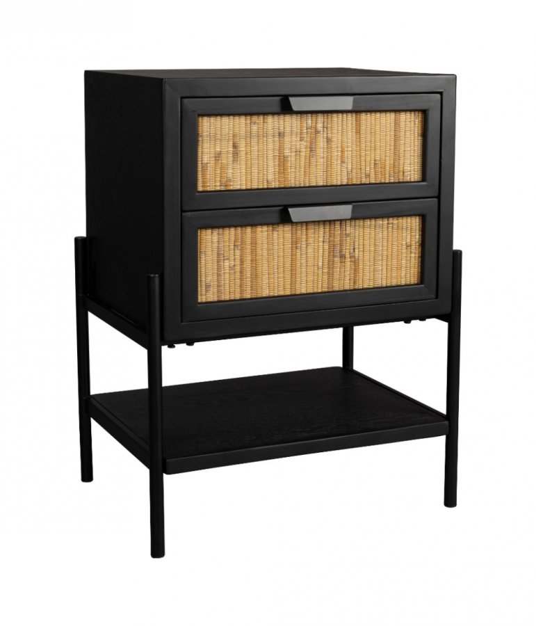 DUTCHBONE Yasu sengebord, m. 1 hylde og 2 skuffer - natur rattan og sort tr/jern (45x35)