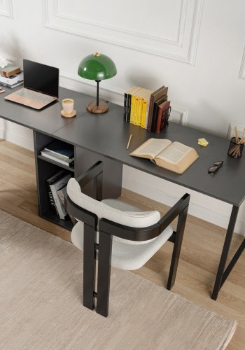 NORDVÄRK Twin dobbelt skrivebord, m. 2 rum - antracitgr melamin og sort metal (240x60)