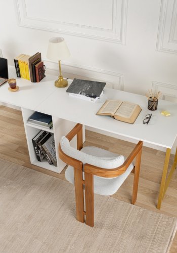 NORDVÄRK Twin dobbelt skrivebord, m. 2 rum - hvid melamin og guld metal (240x60)