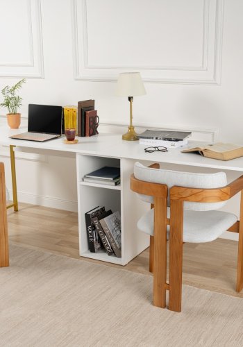 NORDVÄRK Twin dobbelt skrivebord, m. 2 rum - hvid melamin og guld metal (240x60)