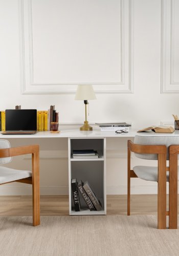 NORDVÄRK Twin dobbelt skrivebord, m. 2 rum - hvid melamin og guld metal (240x60)