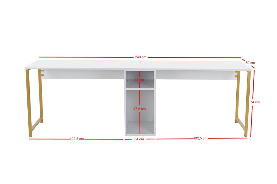 NORDVÄRK Twin dobbelt skrivebord, m. 2 rum - hvid melamin og guld metal (240x60)