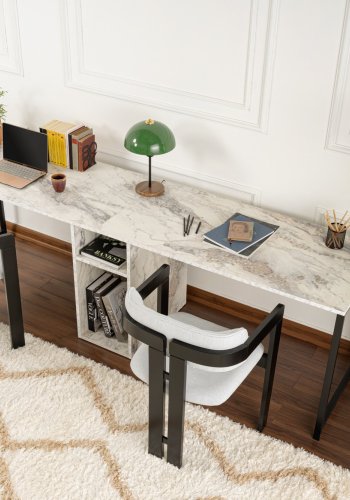 NORDVÄRK Twin dobbelt skrivebord, m. 2 rum - Fressia marmor melamin og sort metal (240x60)