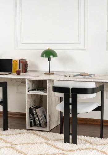 NORDVÄRK Twin dobbelt skrivebord, m. 2 rum - Fressia marmor melamin og sort metal (240x60)