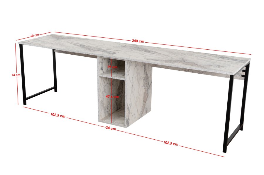 NORDVÄRK Twin dobbelt skrivebord, m. 2 rum - Fressia marmor melamin og sort metal (240x60)