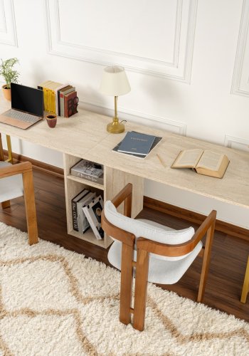 NORDVÄRK Twin dobbelt skrivebord, m. 2 rum - travertin melamin og guld metal (240x60)