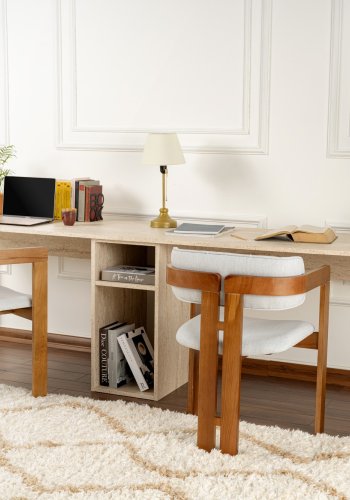 NORDVÄRK Twin dobbelt skrivebord, m. 2 rum - travertin melamin og guld metal (240x60)