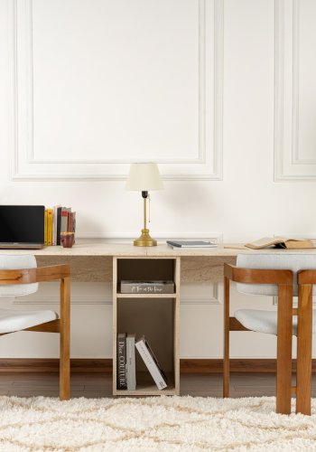 NORDVÄRK Twin dobbelt skrivebord, m. 2 rum - travertin melamin og guld metal (240x60)