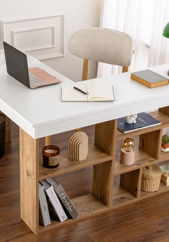 NORDVÄRK Vesper hjrne skrivebord, m. 5 hylder - hvid og Atlantic Pine melamin (130x50)